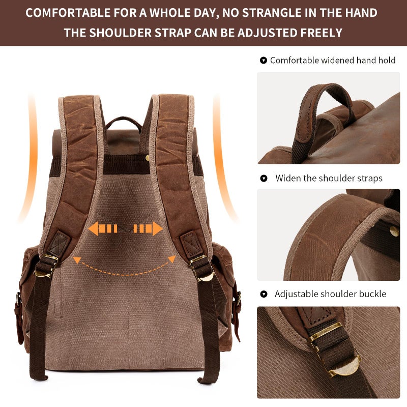 HuaChen Vintage Waxed Canvas Backpack with Genuine Leather Flap, Travel & Work Rucksack, Water-Resistant Daypack with Anti-Theft Pocket, Large (15.6"), M80 Brown - Image 5